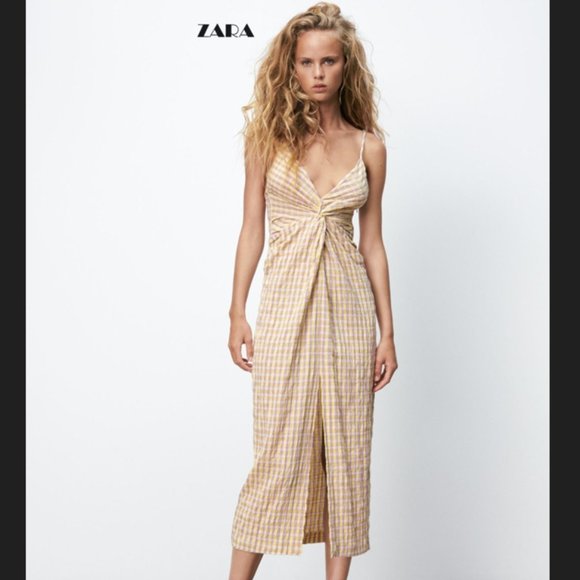 Zara Gingham Front Twist Midi Dress with Front Slit - Picture 1 of 8